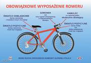 na plakacie rower koloru czerwonego oraz porady dotyczące odpowiedniego wyposażenia rowerów