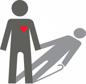 logo programu &quot;poMOC, a nie przeMOC&quot; na białym tle szary ludzik z odbijającym się jego cieniem trzymającym laskę.  Na ludziku po prawej stronie w okolicy klatki piersiowej - czerwone serce.