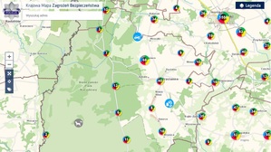 mapa powiatu monieckiego z liczbą naniesionych zagrożeń na Krajowej Mapie Zagrożeń Bezpieczeństwa