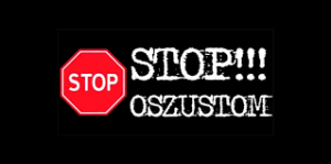 na czarnym tle czerwony znak STOP oraz biały napis: Stop!! Oszustom