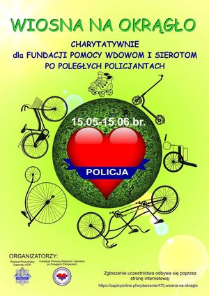 logo akcji &amp;quot;Wiosna na okrągło&amp;quot;. na grafice kula ziemska, wokół niej rowery, a w środku czerwone serce z napisem Policja