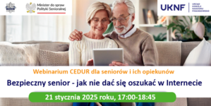 na zdjęciu para seniorów i informacje o webinarze