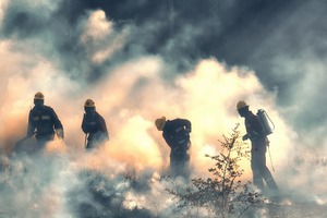 strażacy gaszący płonące trawy