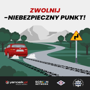 plakat - zwolnij, niebezpieczny punkt