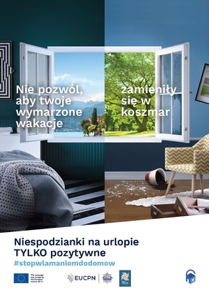kampania stop włamaniom do mieszkania, napis i zdjęcie otwartego okna