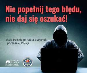 mężczyzna w kapturze i napis nie daj się oszukać
